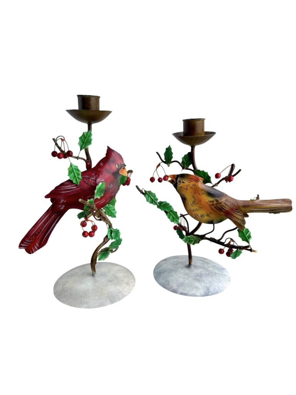 Cardinal Songbird Metal Taper Candle Holders Holly Christmas Winter Country Set